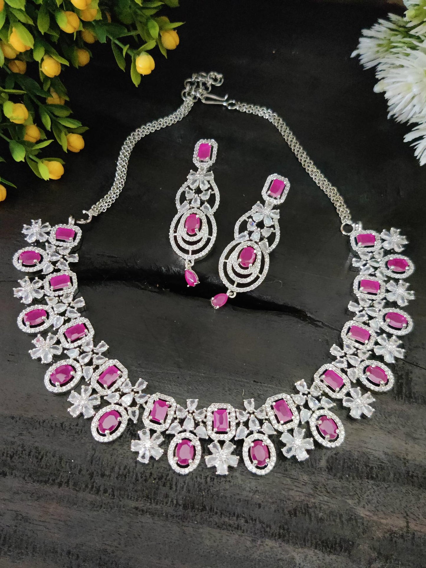 Sonamone Dark Red Cubic Zircon Necklace Set