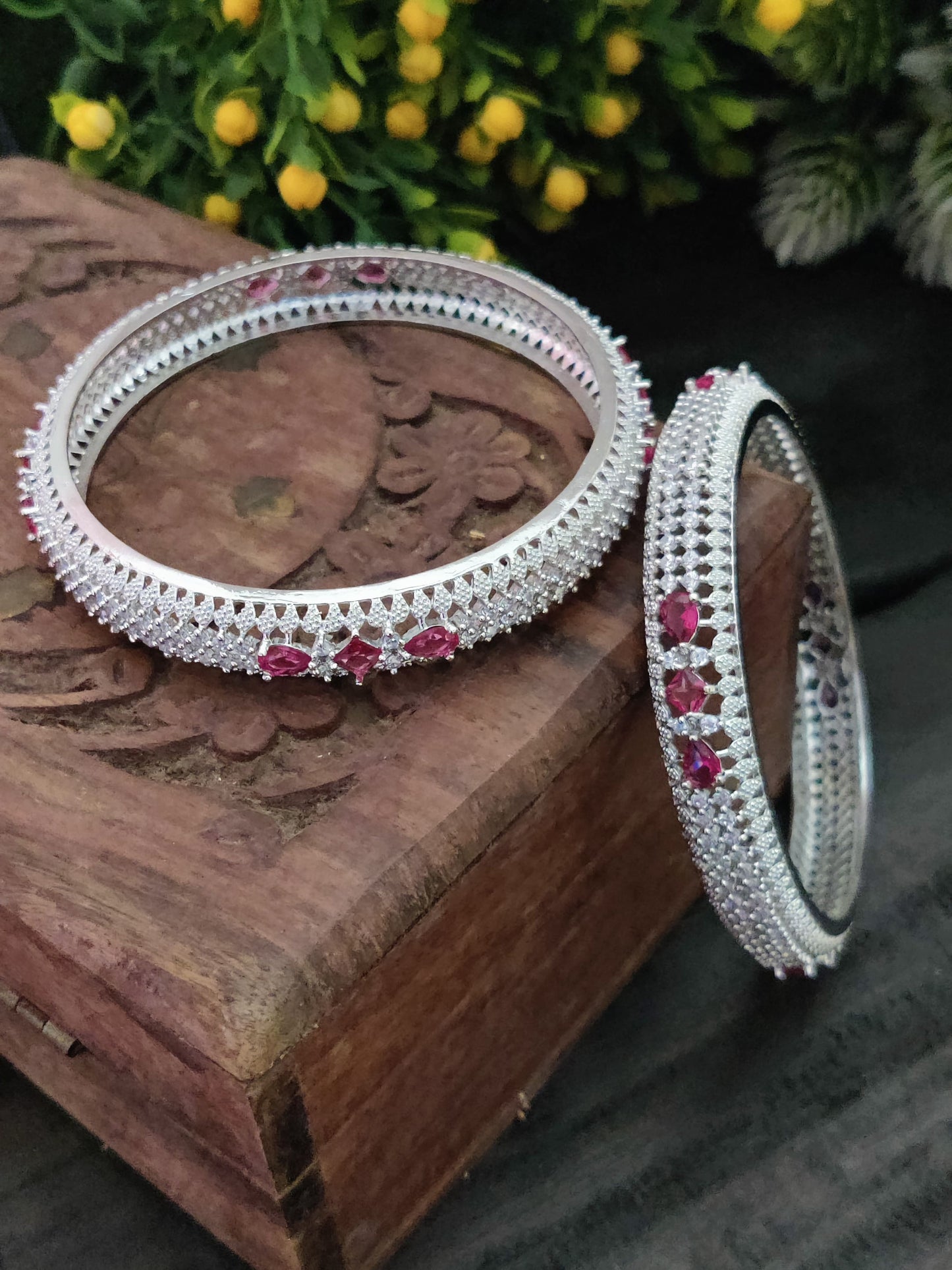 Sonamone Silver Toned Red Cubic Zircon Bangles