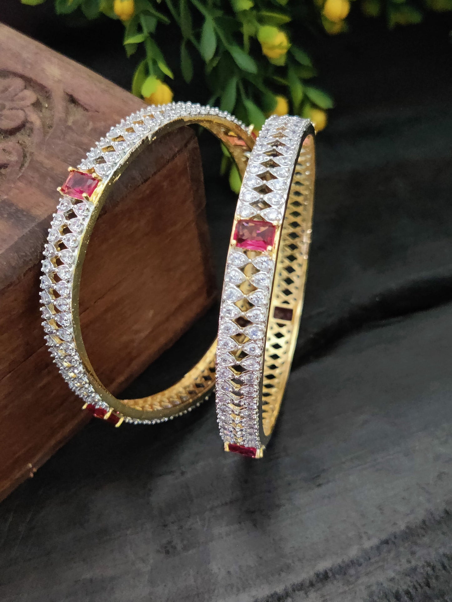 Sonamone Gold & Silver Toned Red Cubic Zircon Bangles