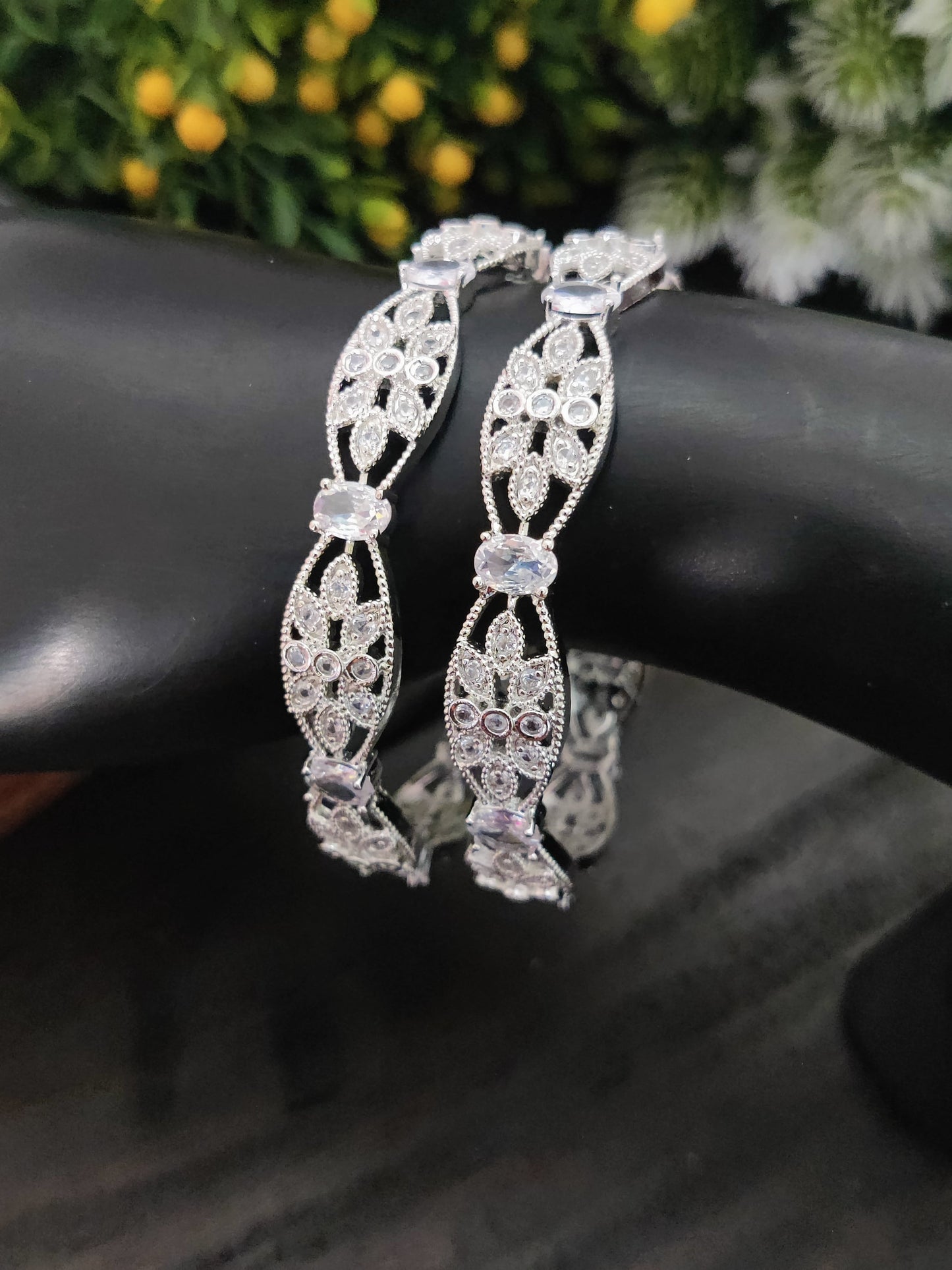 Sonamone Silver Toned White Cubic Zircon Bangles