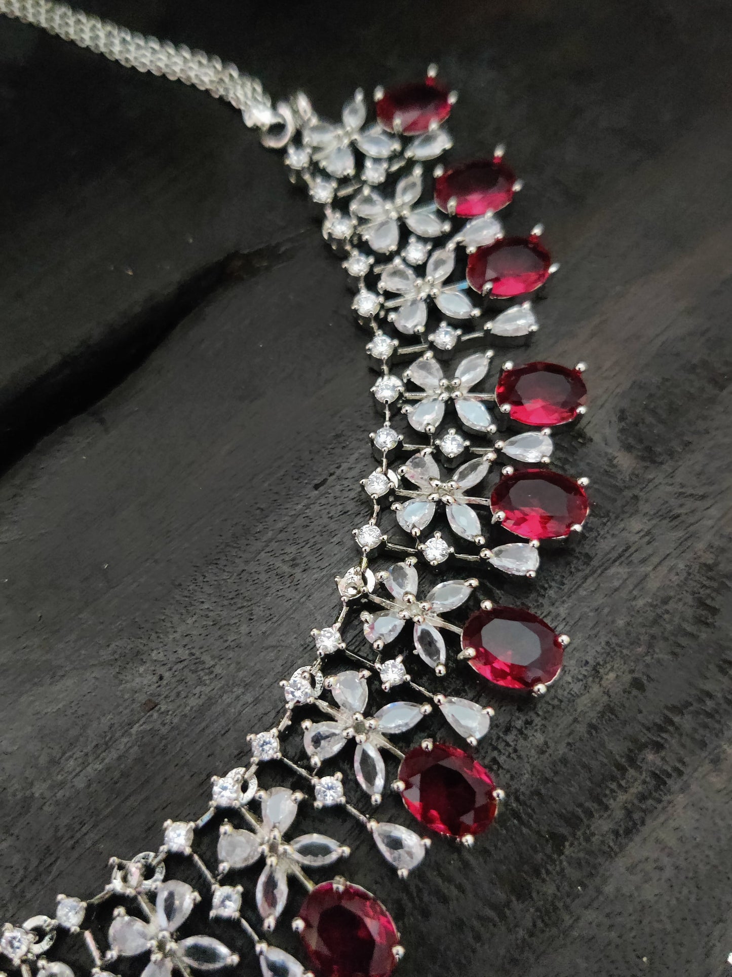 Rhodium Plated Maroon Cubic Zircon Necklace set