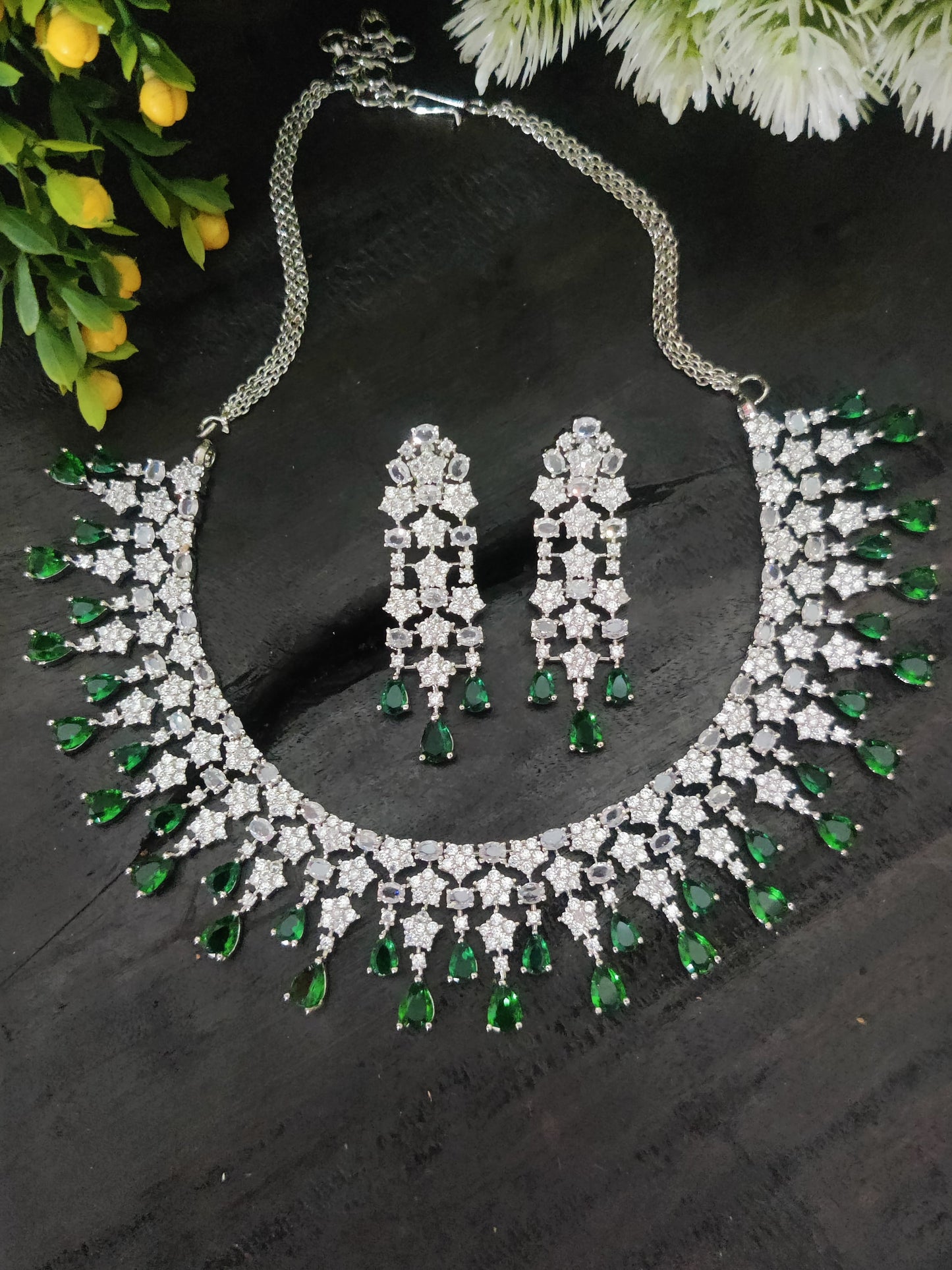 Rhodium Plated Green Cubic Zircon Necklace Set