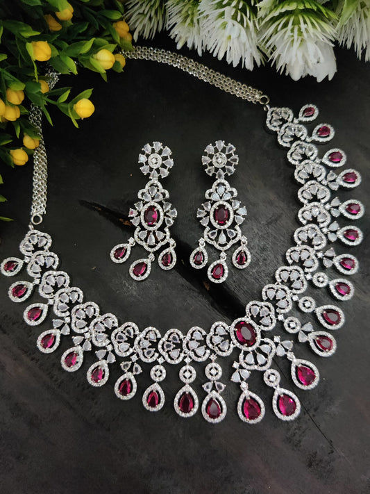 American Diamond Necklace Set Red