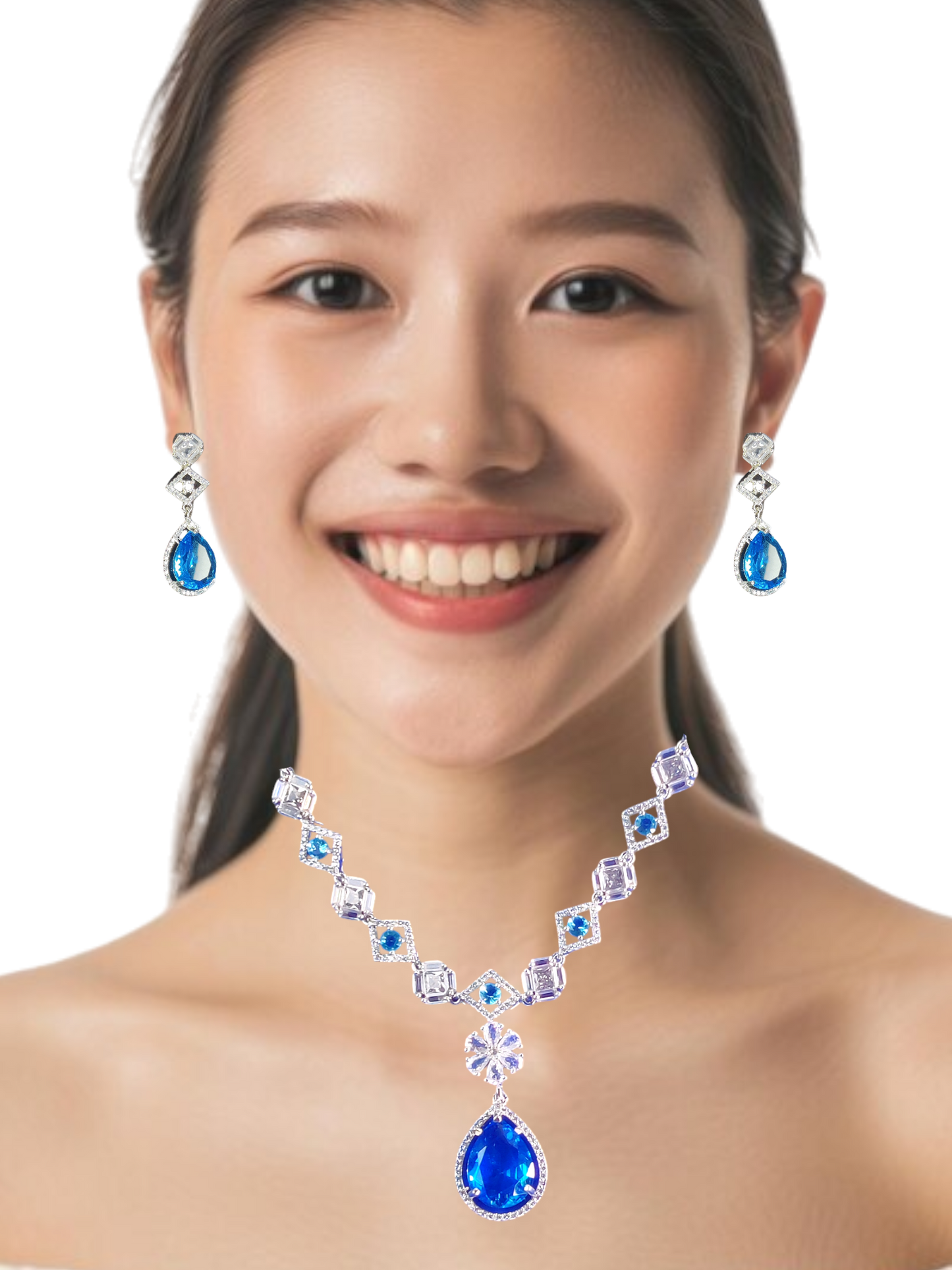 सुरुचिपूर्ण रॉयल ब्लू टियरड्रॉप नेकलेस सेट